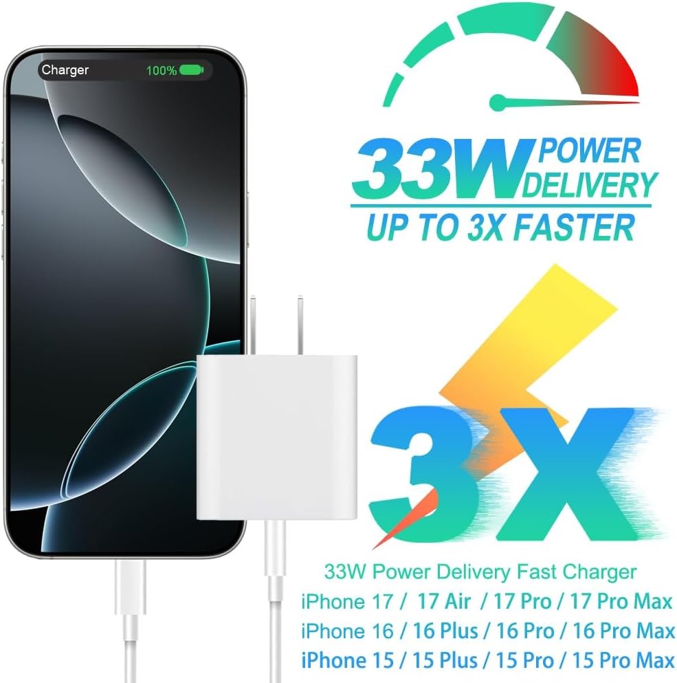 2-Pack 33W Fast Wall Charger with 6ft USB-C Cable for iPhone 15 16 17