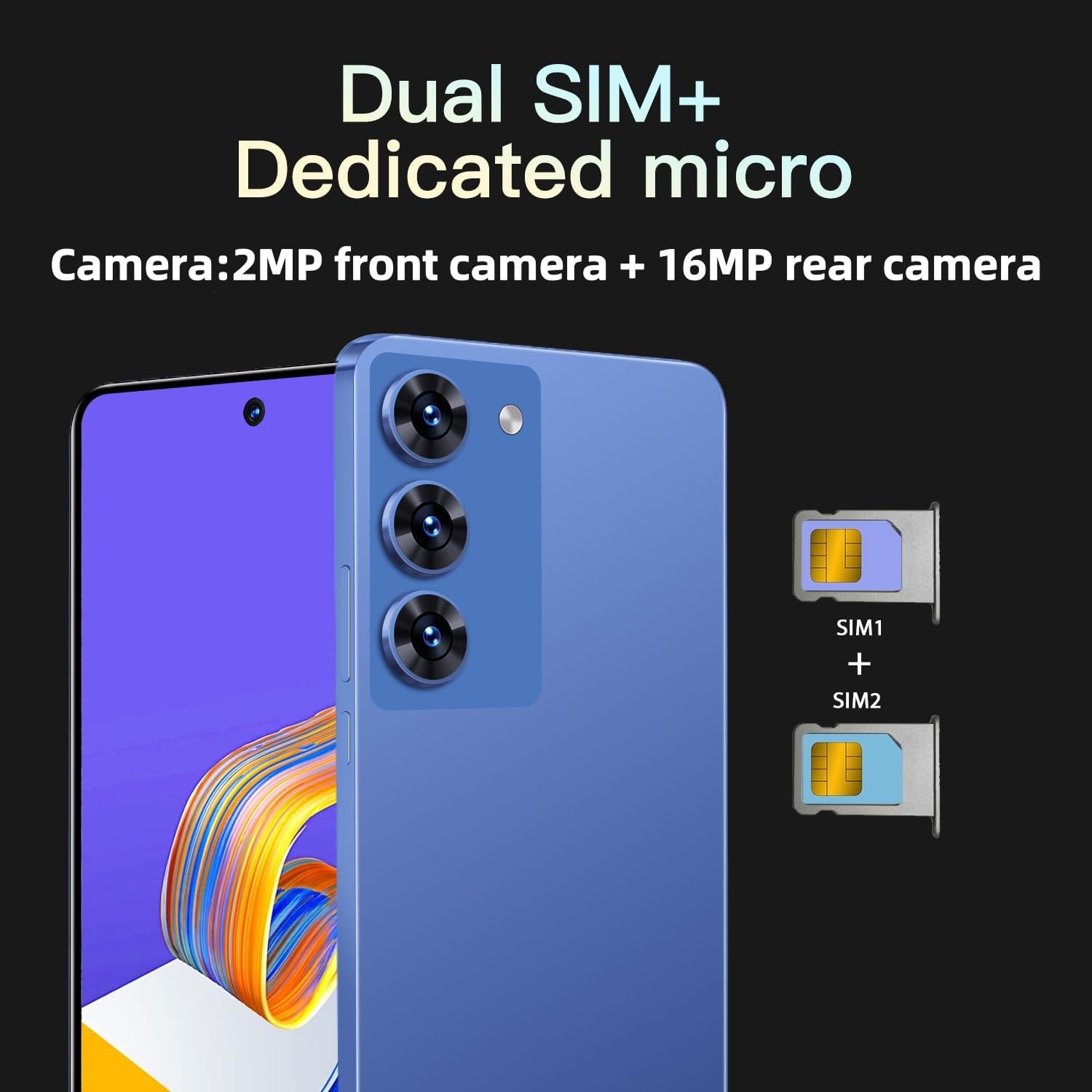 Unlock Phone, 6.56-inch Screen, 2GB RAM+64GB ROM, 16MP Camera, Supports 3G WC…