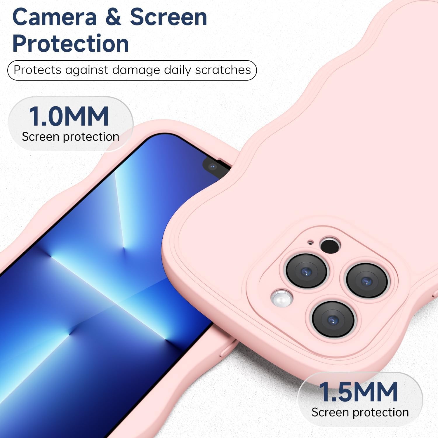 Silicone Case & Camera Cover for iPhone 13 Pro Max Light Pink Cute Curly Wave De