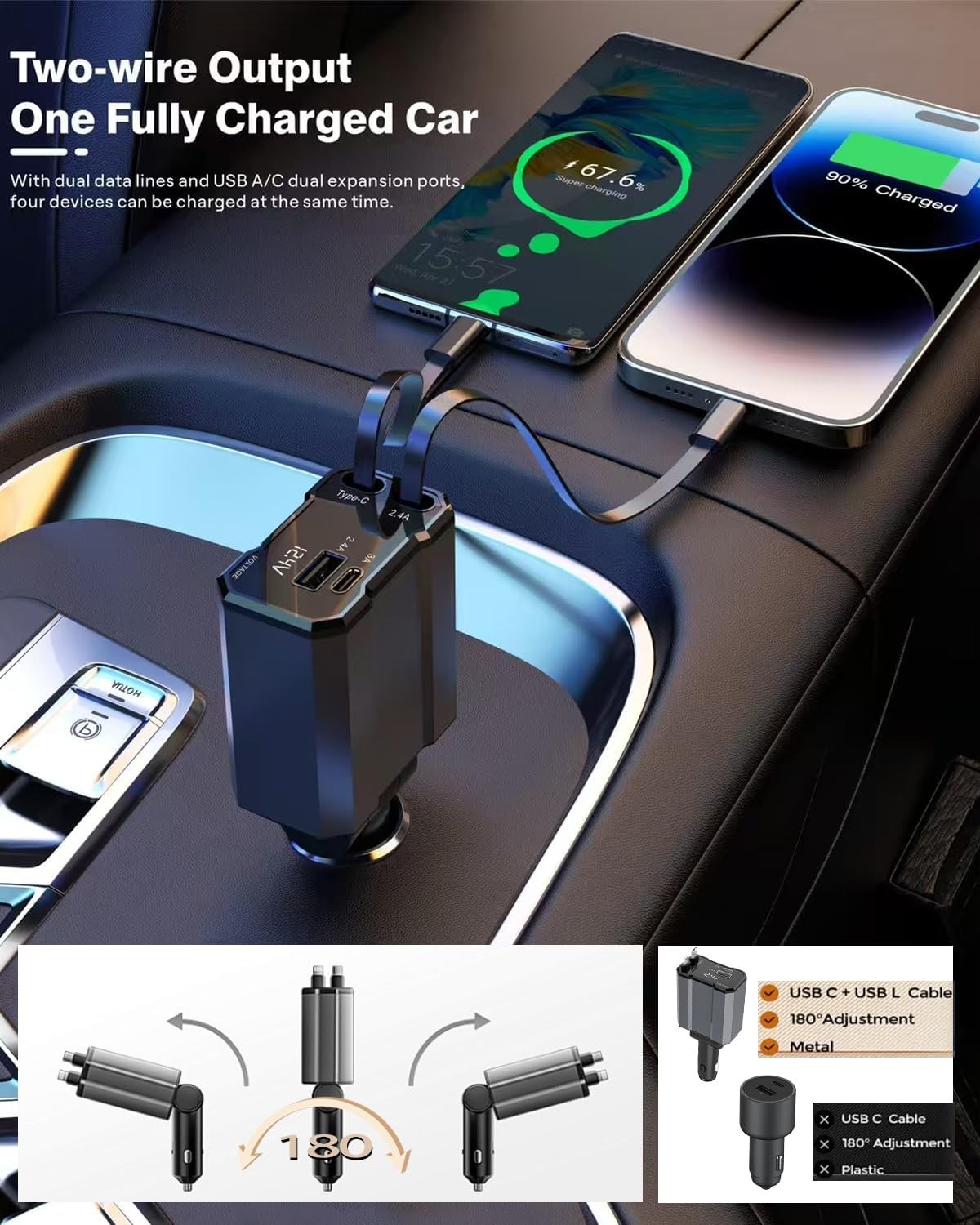 4 in 1 Fast USB-C Car Charger for iPhone 16 15 14 13 12, Samsung