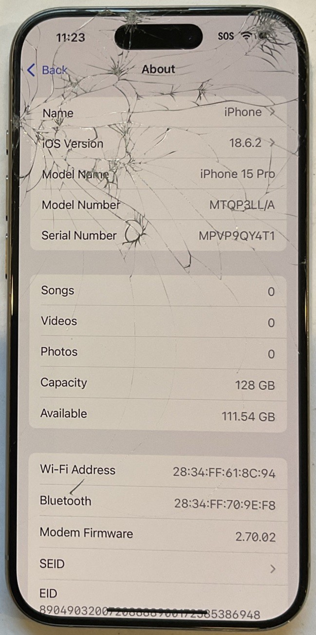 CRACKED DIGITIZER, GSM UNLOCKED iPhone 15 PRO, 128GB A2848 MTQP3LL/A FOR REPAIR