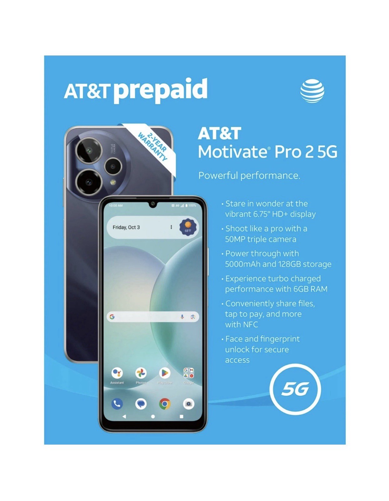 Motivate Pro 2 5G, 128 GB, Stormy Blue – At&t Prepaid Smartphone – Brand New