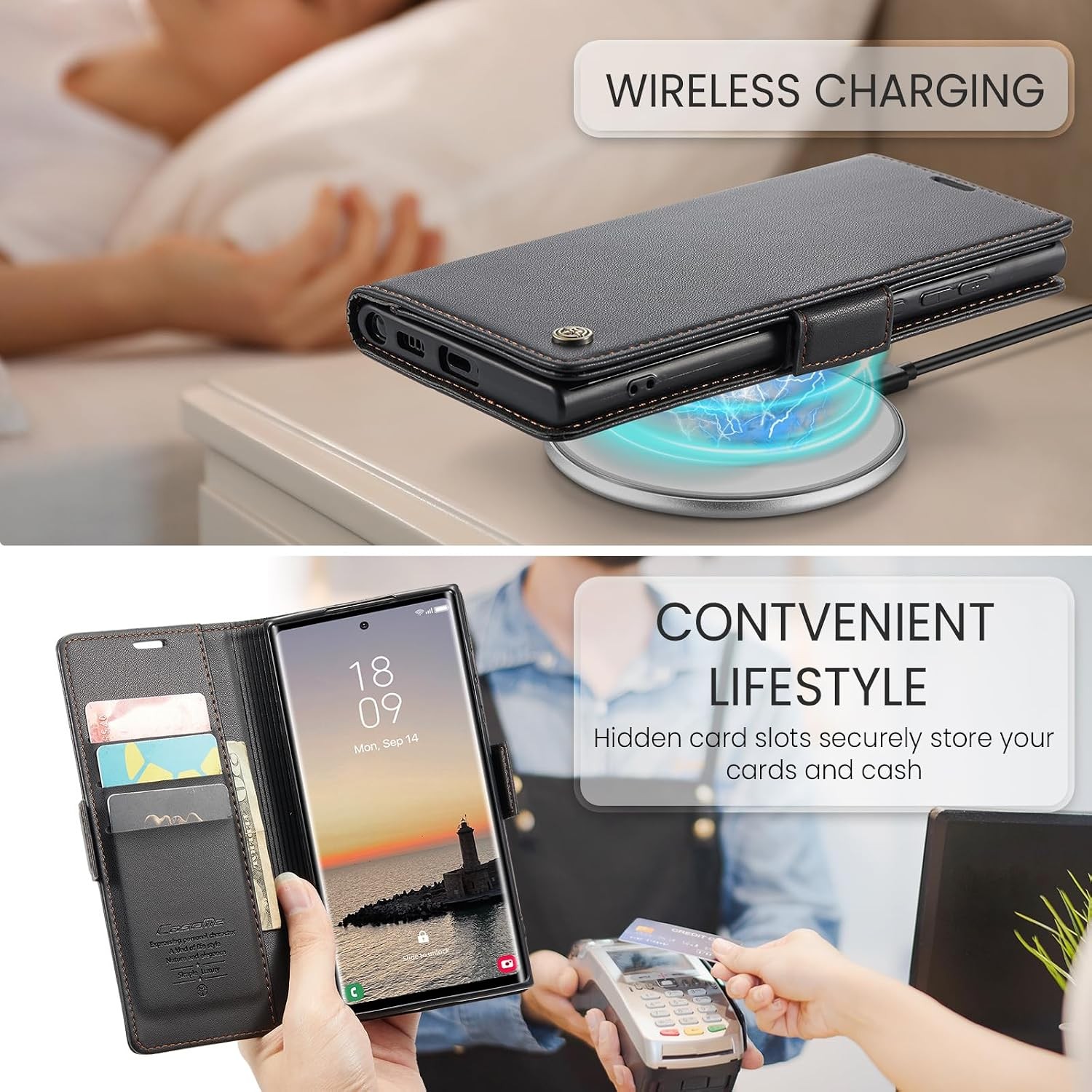 Wallet Case & Card Holder for Galaxy S24 Ultra Black with RFID Blocking Kickstan