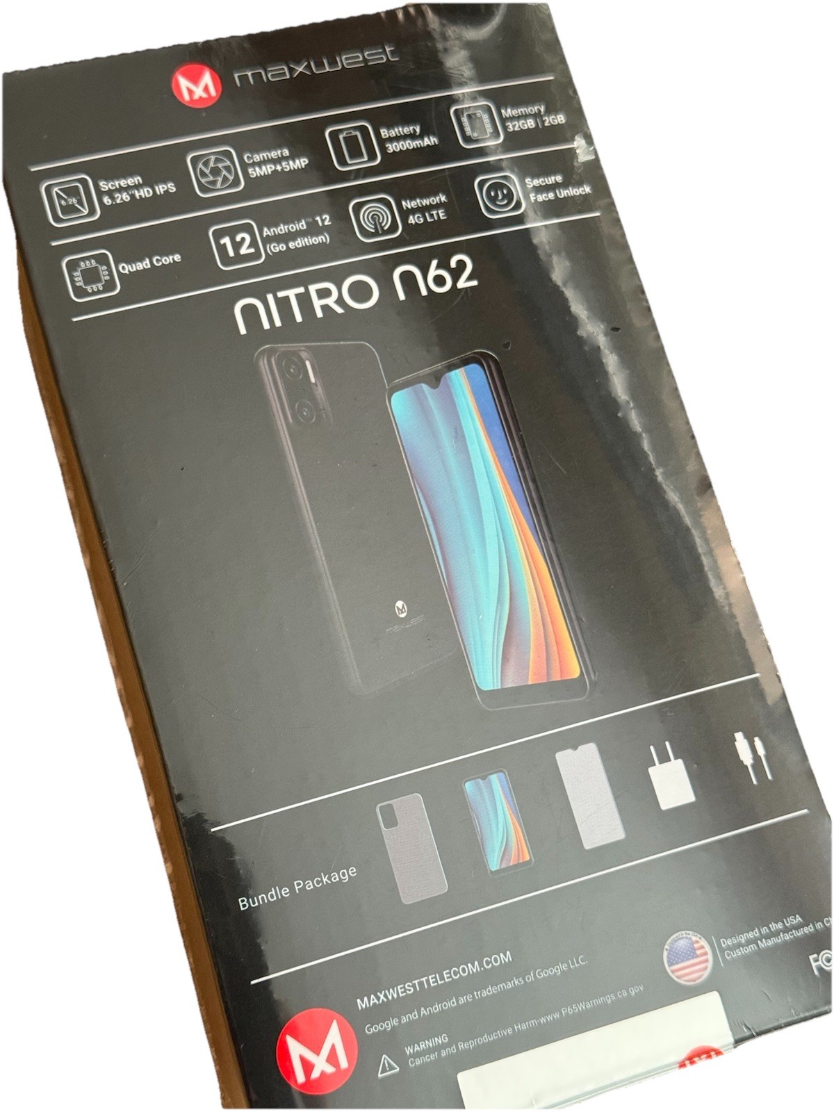 SEALED. Maxwest Nitro N62 RED. 32GB (Unlocked) Dual SIM Android 12 Smartphone