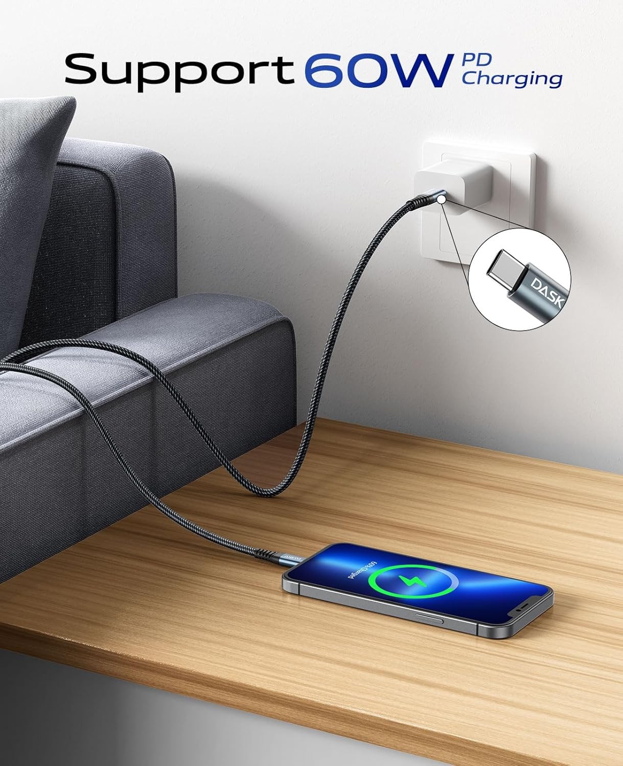 2 Pack 60W USB-C Fast Charger for iPhone 15 Pro Max, Samsung Galaxy S10 6FT