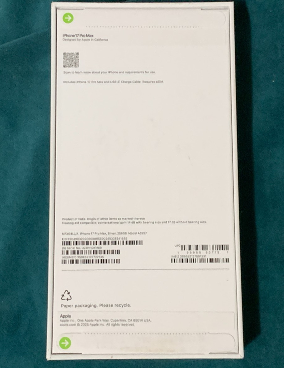 Brand New Apple iPhone 17 Pro Max – 256 GB – Silver – Unlocked – Model A3257
