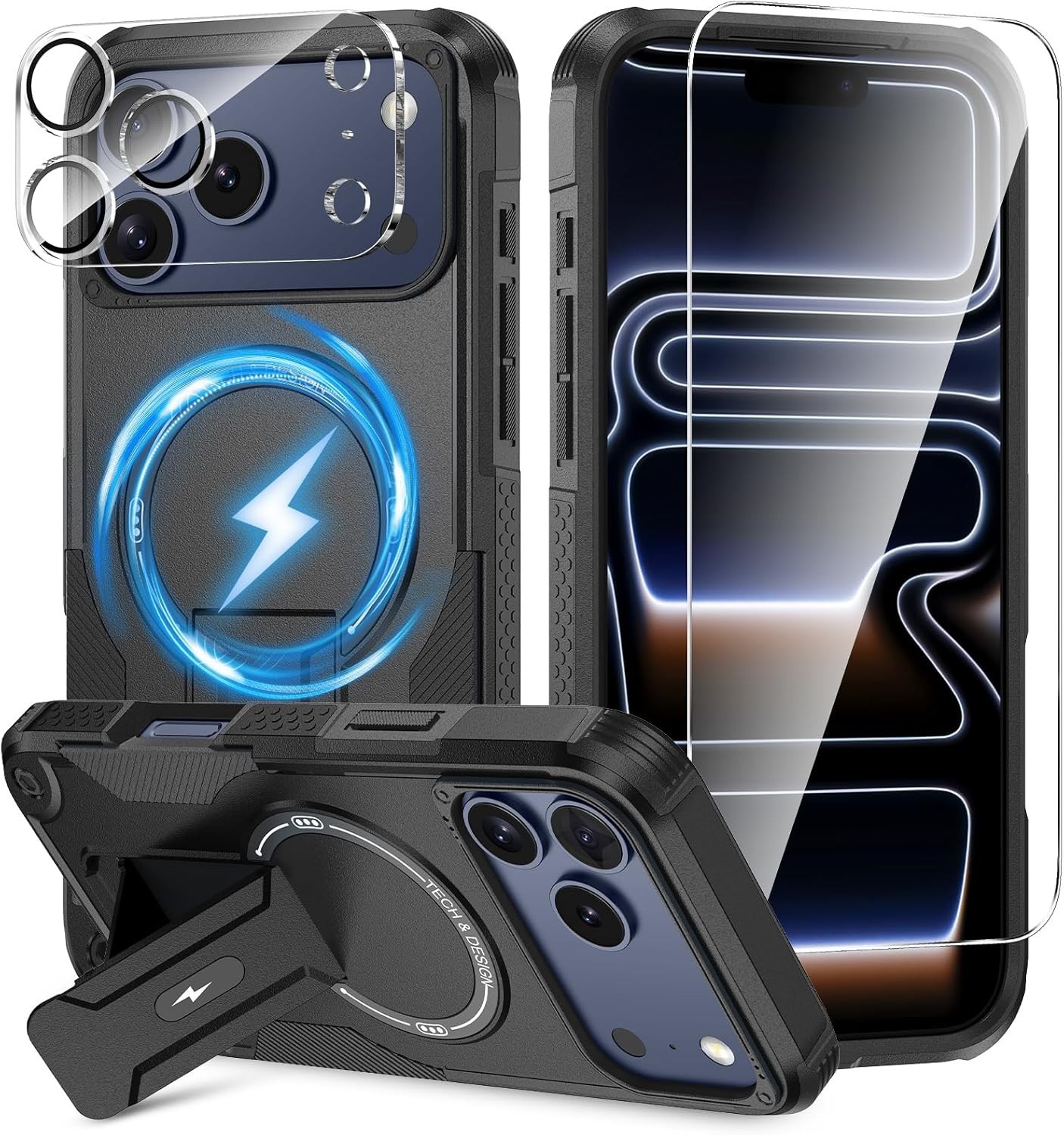 3 in 1 for iPhone 17 Pro Max Case, Invisible Kickstand, HD Screen Protector, Cam