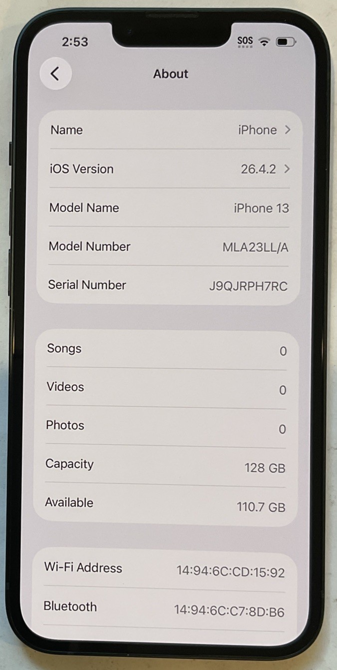 TESTED USED GSM UNLOCKED MIDNIGHT iPhone 13, 128GB A2482 MLA23LL/A, 90% BATTERY.