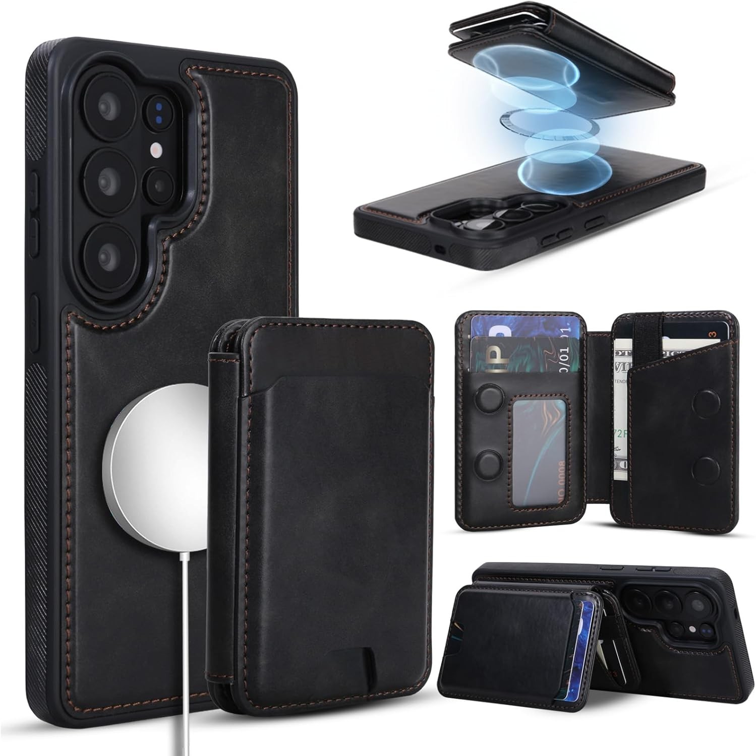 2-in-1 Slim PU Leather Wallet Case for Samsung Galaxy S26 Ultra, Kickstand, Blac