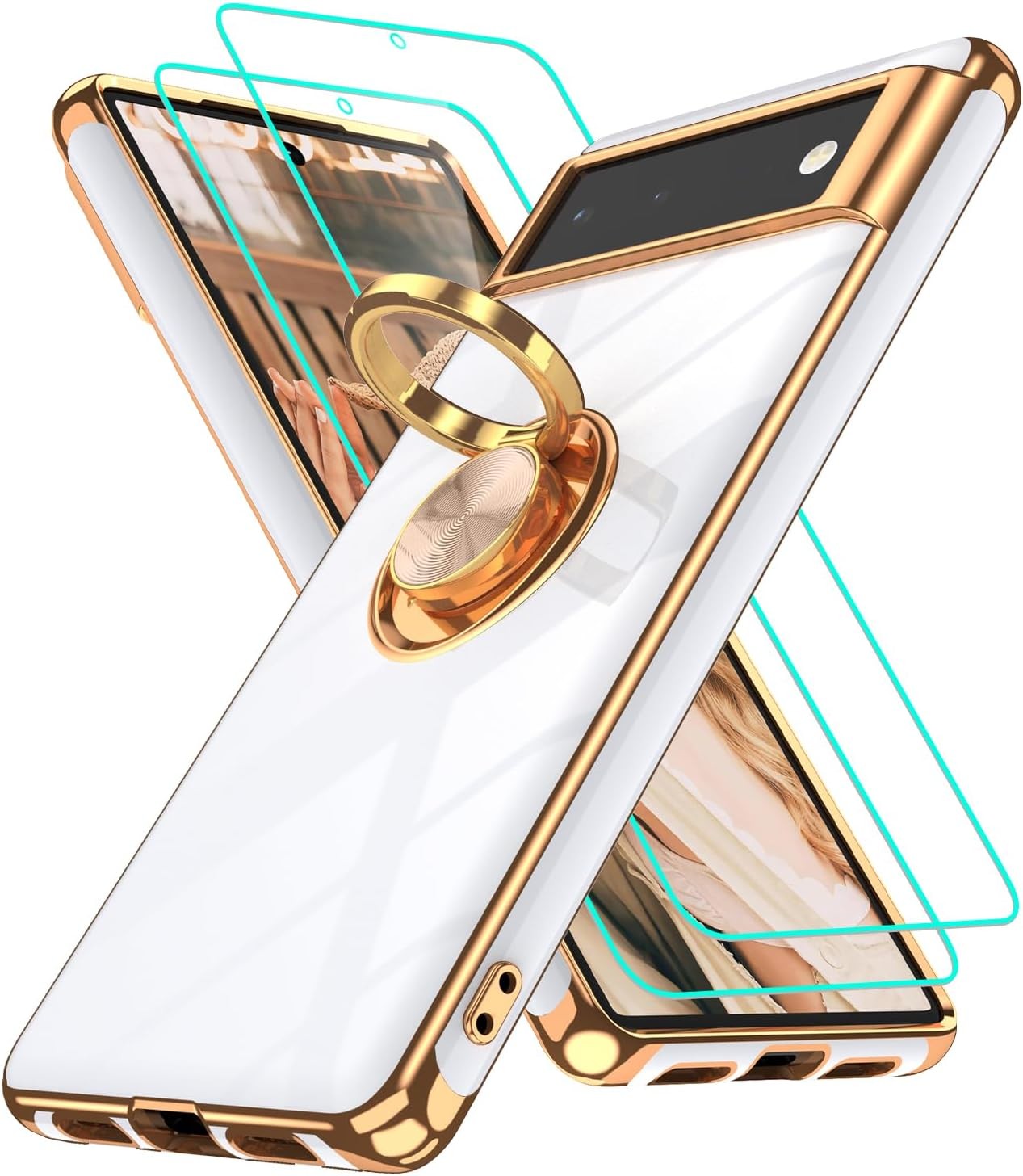 for Google Pixel 6 Phone Case: 2Pcs Screen Protector, 360° Rotation Ring Holder