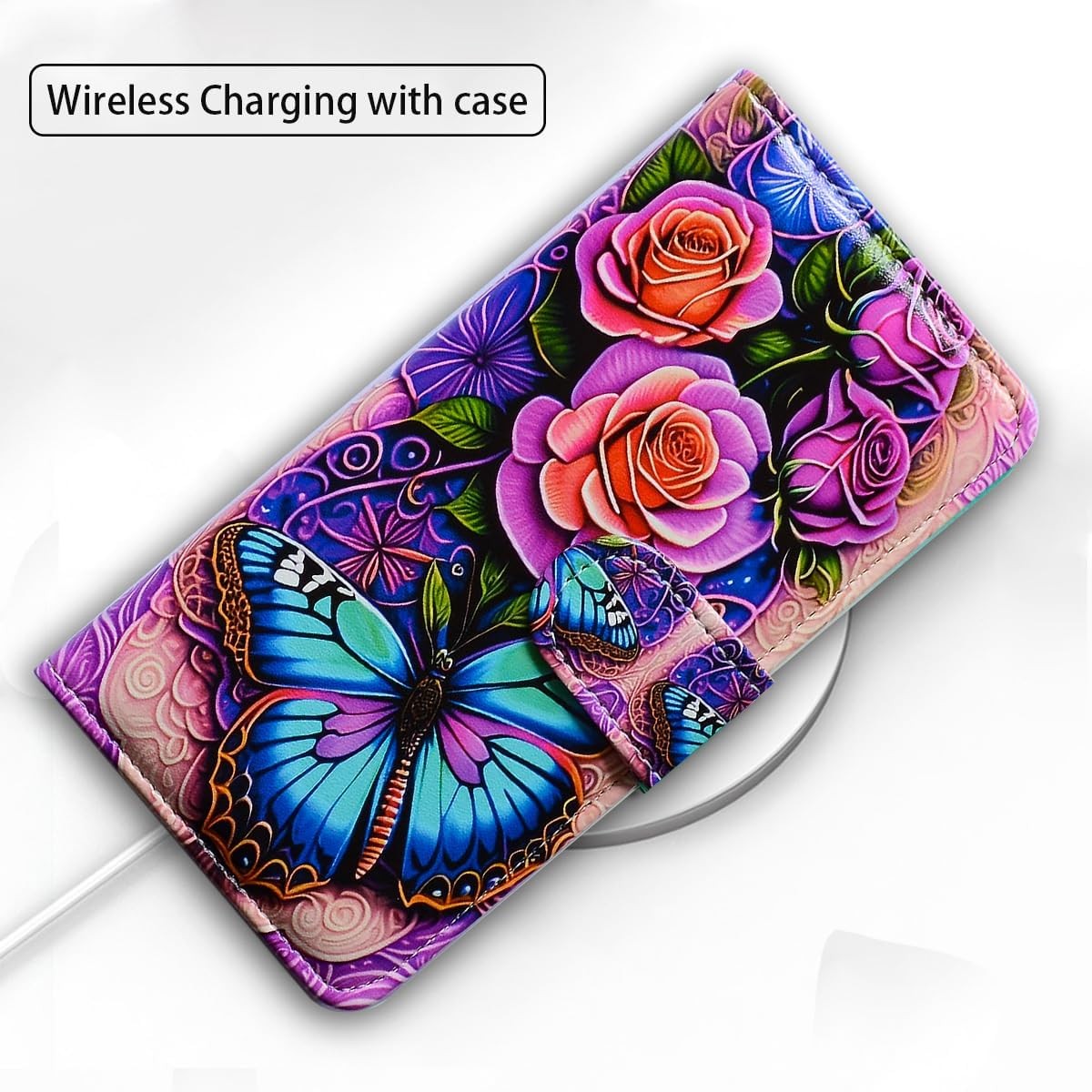 Case for Moto G Power 5G 2024, Blue Butterfly Flowers Leather Flip Wallet Cover