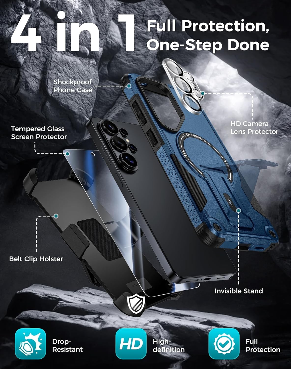 4-in-1 Samsung Galaxy S26 Ultra Case with Belt Clip, Glass Screen Protector & Ki