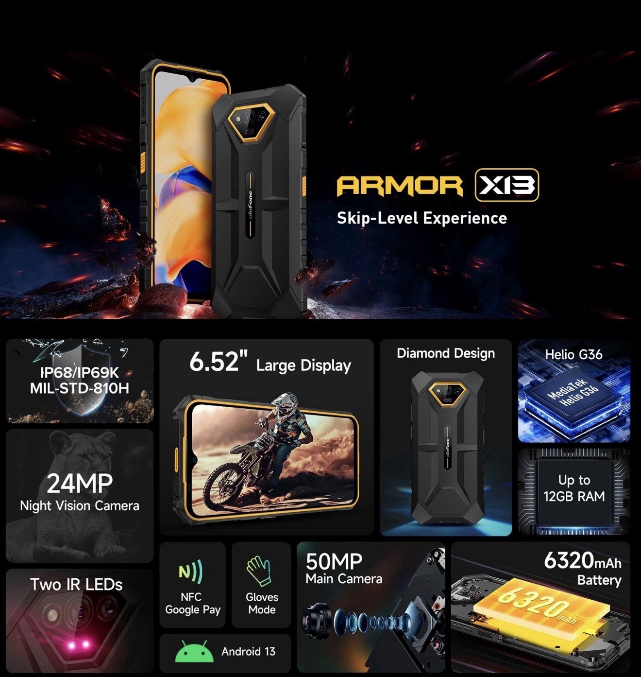 Ulefone Armor X13 Rugged Phone 6GB+64GB 6.52″ Android 15 6320mAh Night Vision