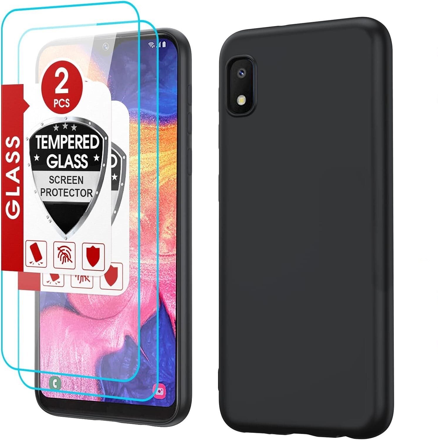 For Galaxy a10e case with tempered glass protector, thin Rubber, Polymer- Black