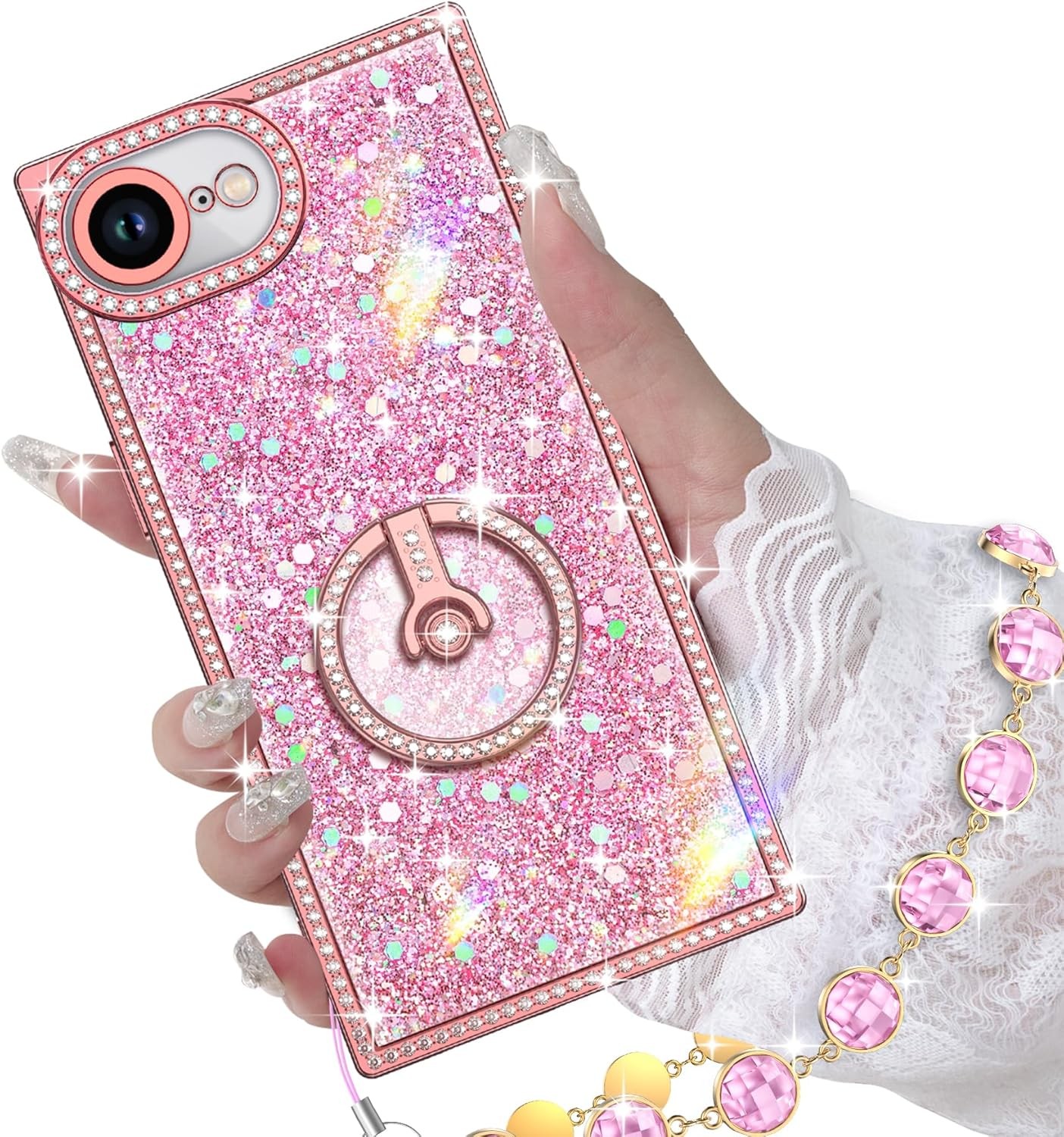 iPhone 17e/16e Case with Ring Stand, Glitter Sparkle Phone Case for Women Girls