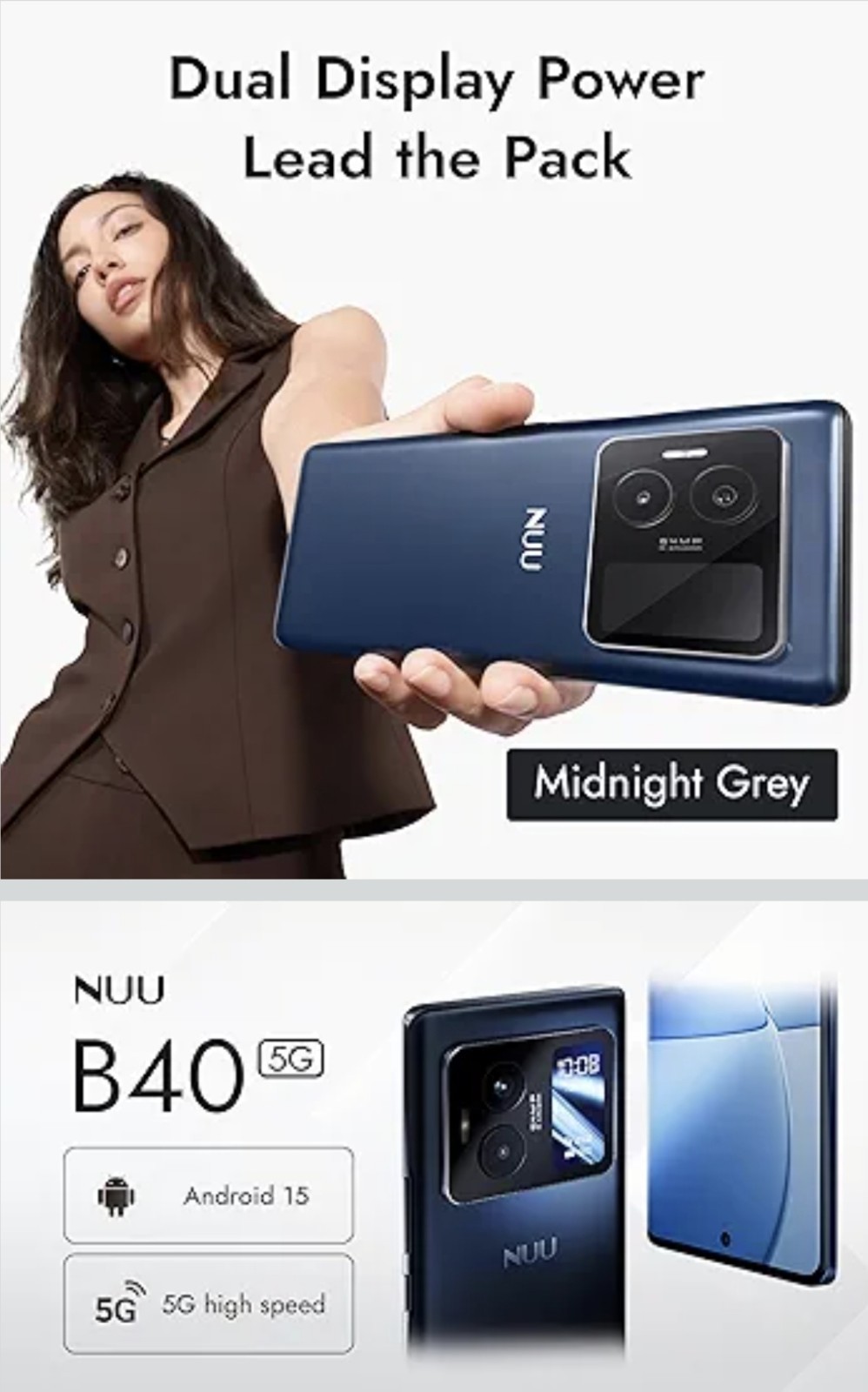 NUU B40 5G Android 15 Dual SIM 8GB RAM 256GB 64MP Midnight Grey