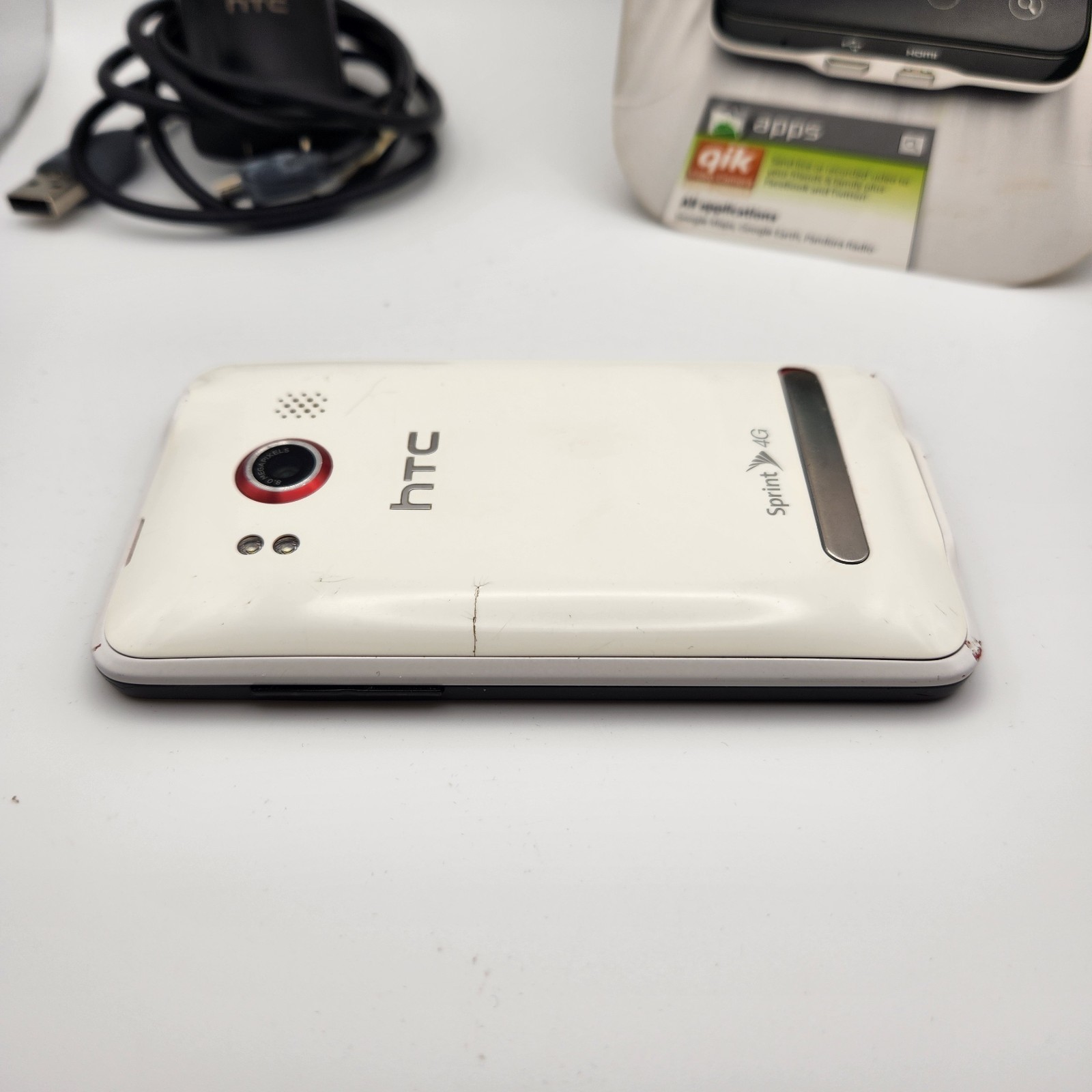 HTC Evo 4G – White (Sprint) Tested Works With All Paper Work And Box No SD Card