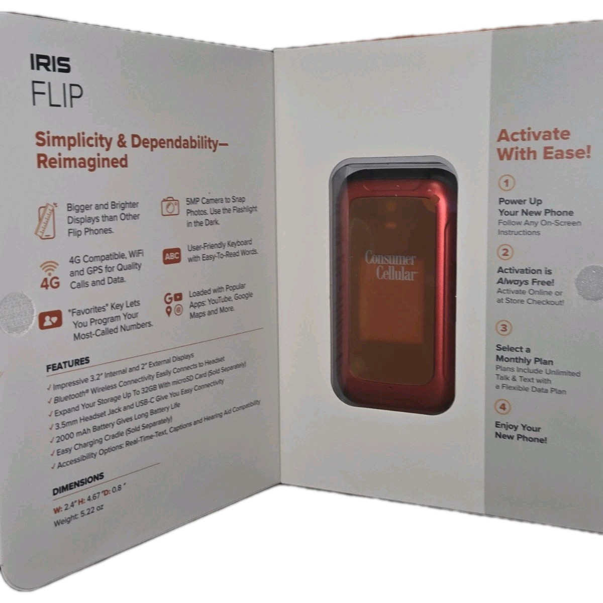 NEW Sealed Consumer Cellular IRIS Flip Phone 4G LTE 8GB 5MP SH3320 Red