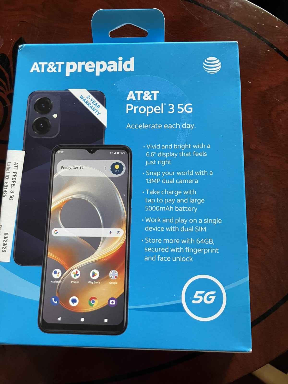 AT &T PROPEL 3 5G PREPAID BLACK 13 MP DUAL CAMERA UNOPENED BOX