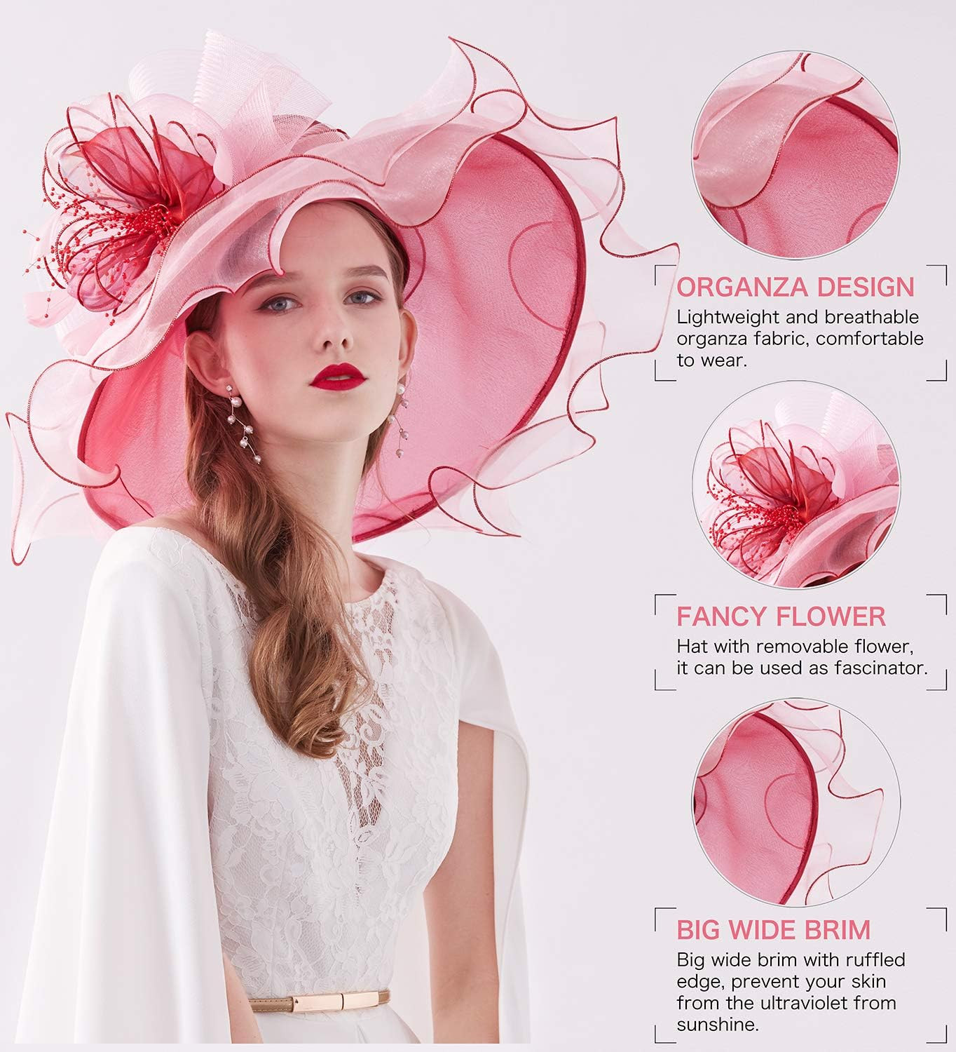 Women’S Kentucky Derby Church Hat Organza One Size 02B- Burgundy and Pink
