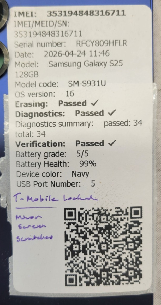 Samsung Galaxy S25 – 128GB – SM-S931U – OS:16 – Screen Scratches – T-MBL Locked