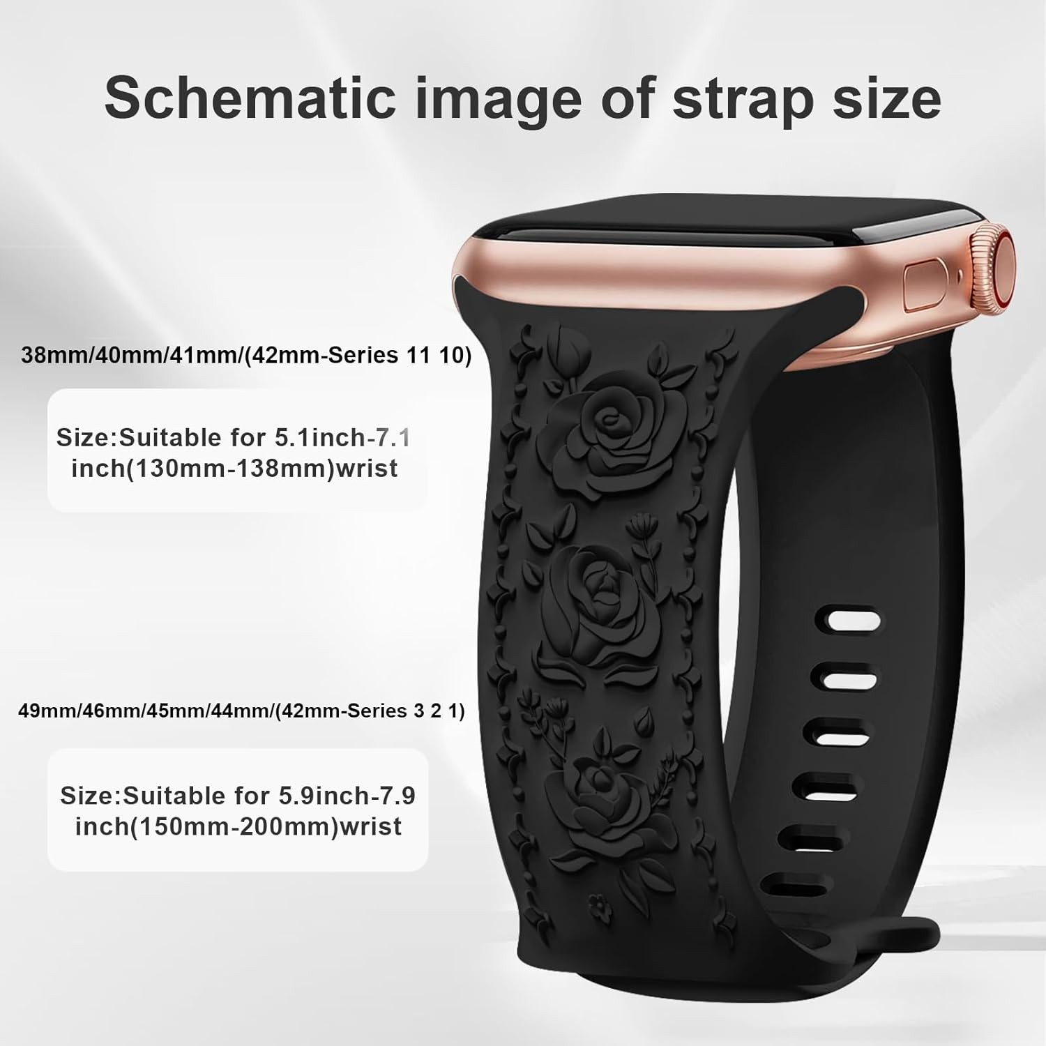 Rose Engraved Watch Band Compatible with Apple Watch 38mm 40mm 41mm 42mm 44mm 45