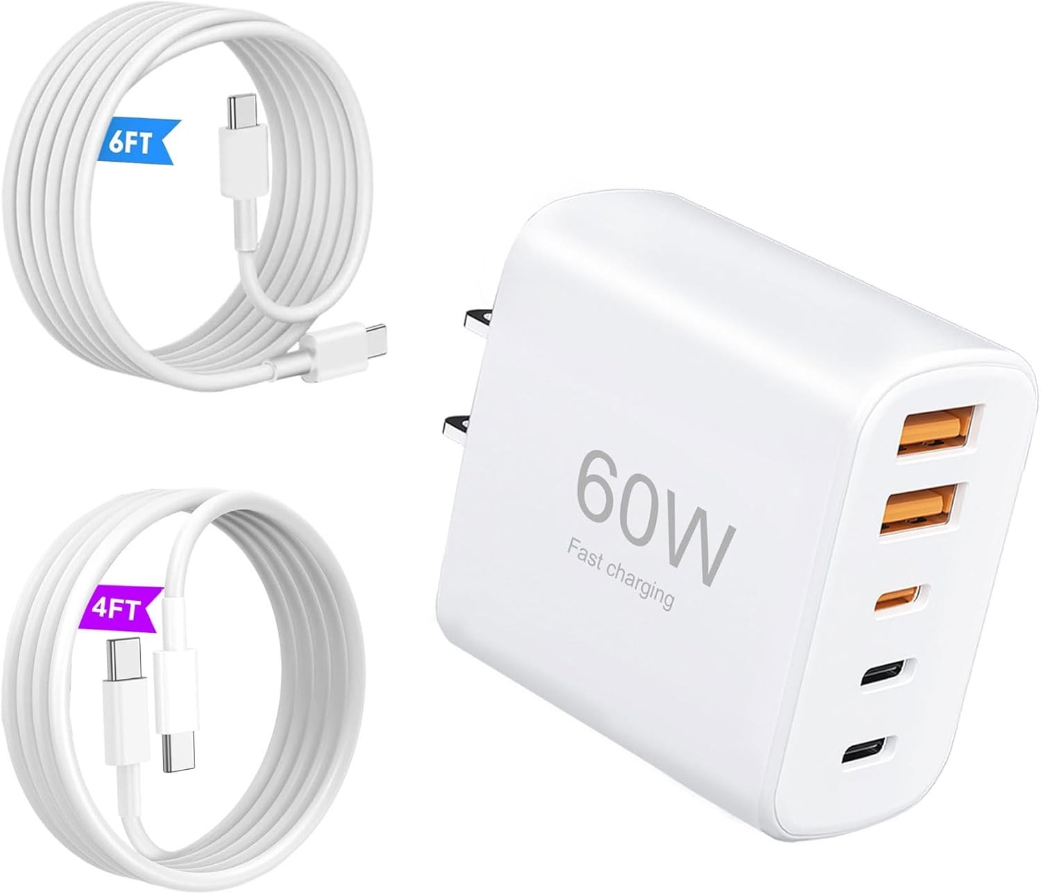 60W USB-C Fast Charging Kit with 4ft + 6ft Cables, 5-Port Wall Plug Adapter