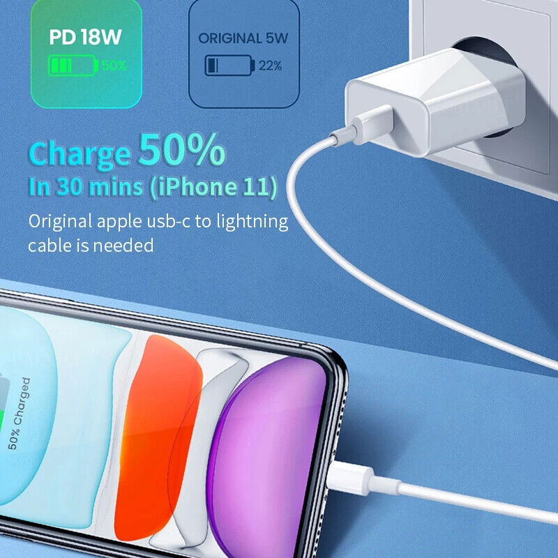 20W Fast Charging Power Adapter USB-C Cable For iPhone X 13 14 12 8 11 Pro NB