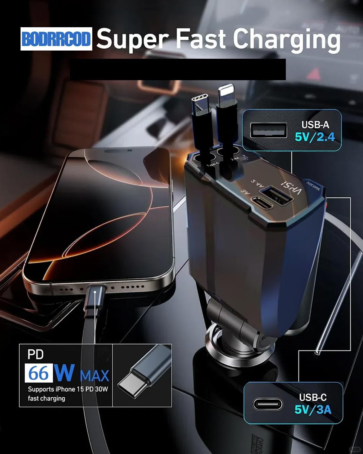 4 in 1 Fast USB-C Car Charger for iPhone 16 15 14 13 12, Samsung