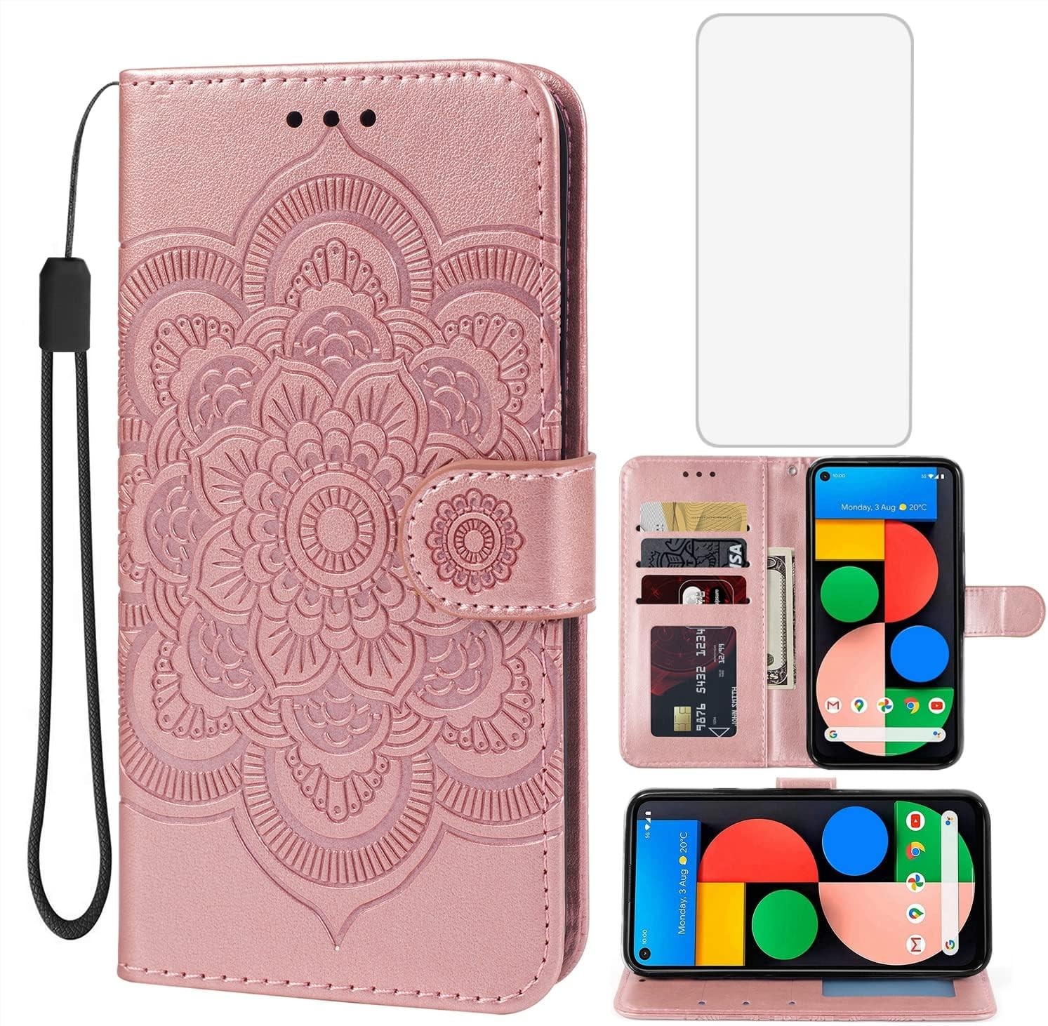Case for Google Pixel 5 GD1YQ Wallet Case with Tempered Glass Screen Protector