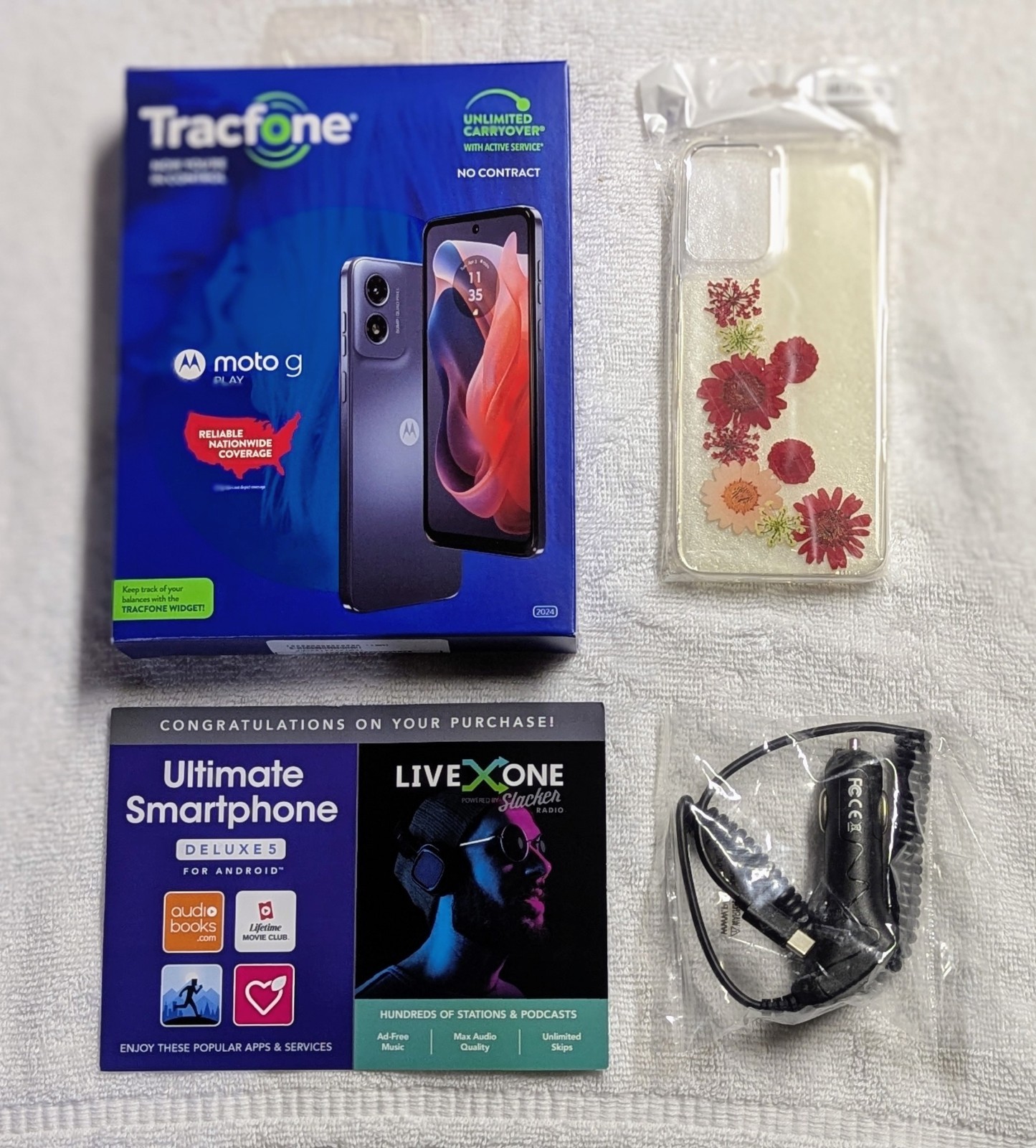 New Moto G Play 2024 6.5″ 64GB + 1 Year Tracfone service with 1500 Min/Text/Data