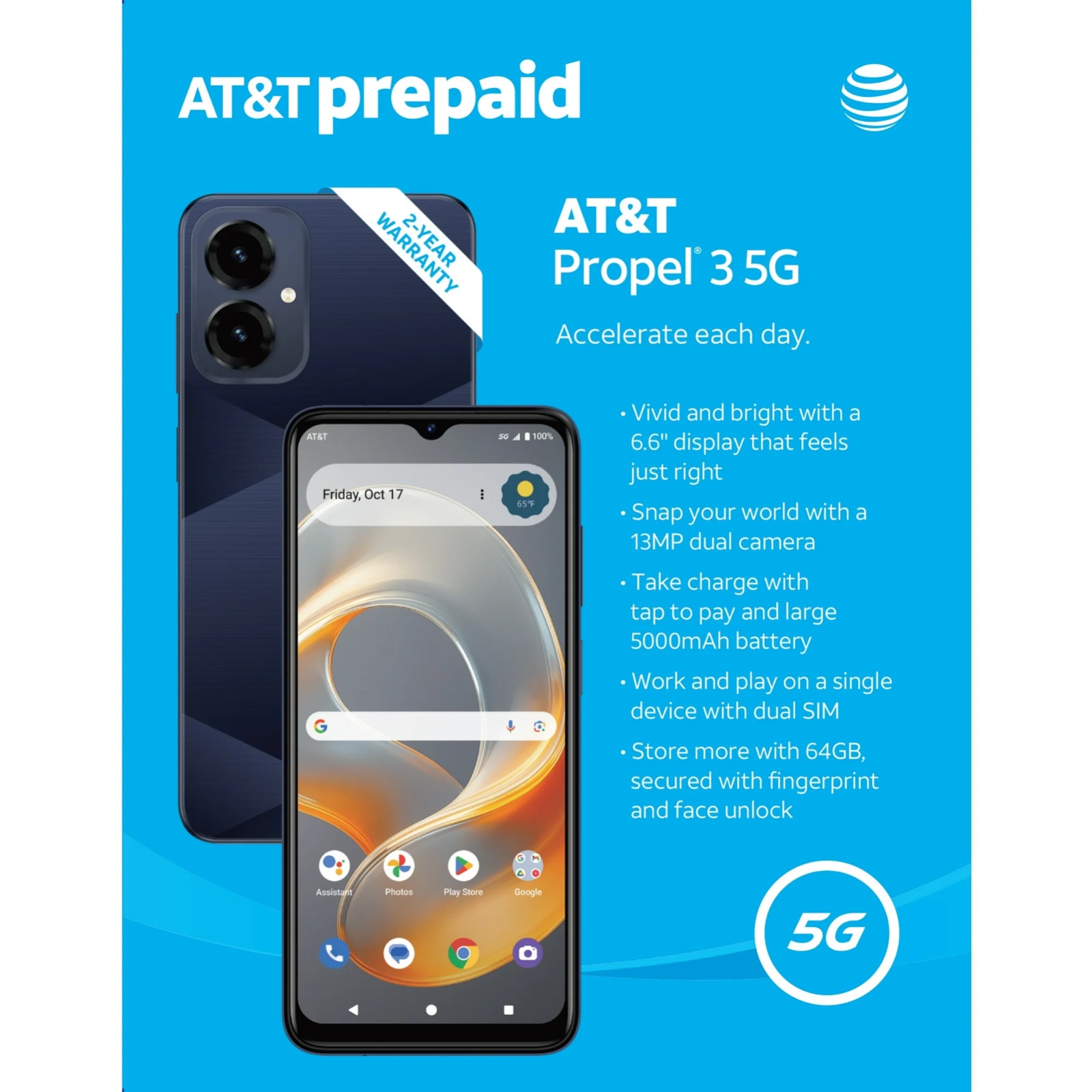 Propel 3 5G, 64GB, Midnight Blue – At&t Prepaid Smartphone – Brand New Sealed