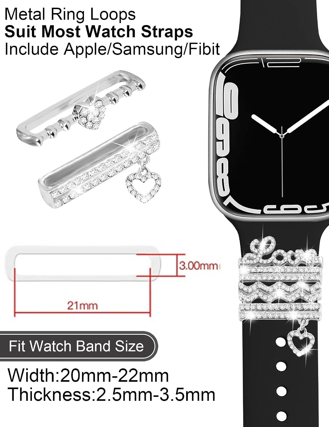 11-Pcs Super Bling Watch Charms with 9-Pcs Decorative Rings Loops for Apple Watc