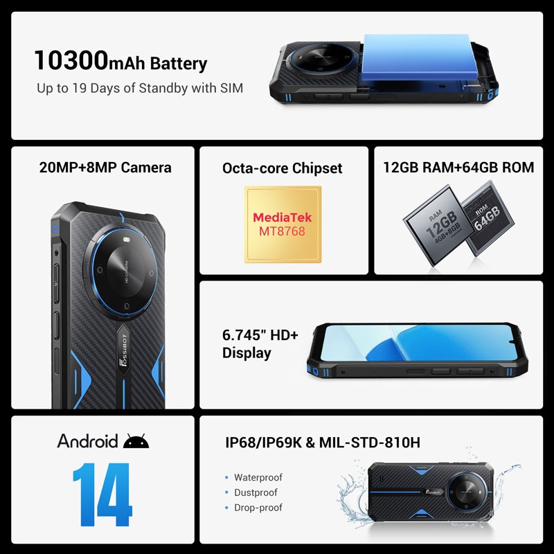 6.74″ FOSSiBOT F105 4G LTE Rugged Smartphone Android Dual SIM Outdoors 10300mAh