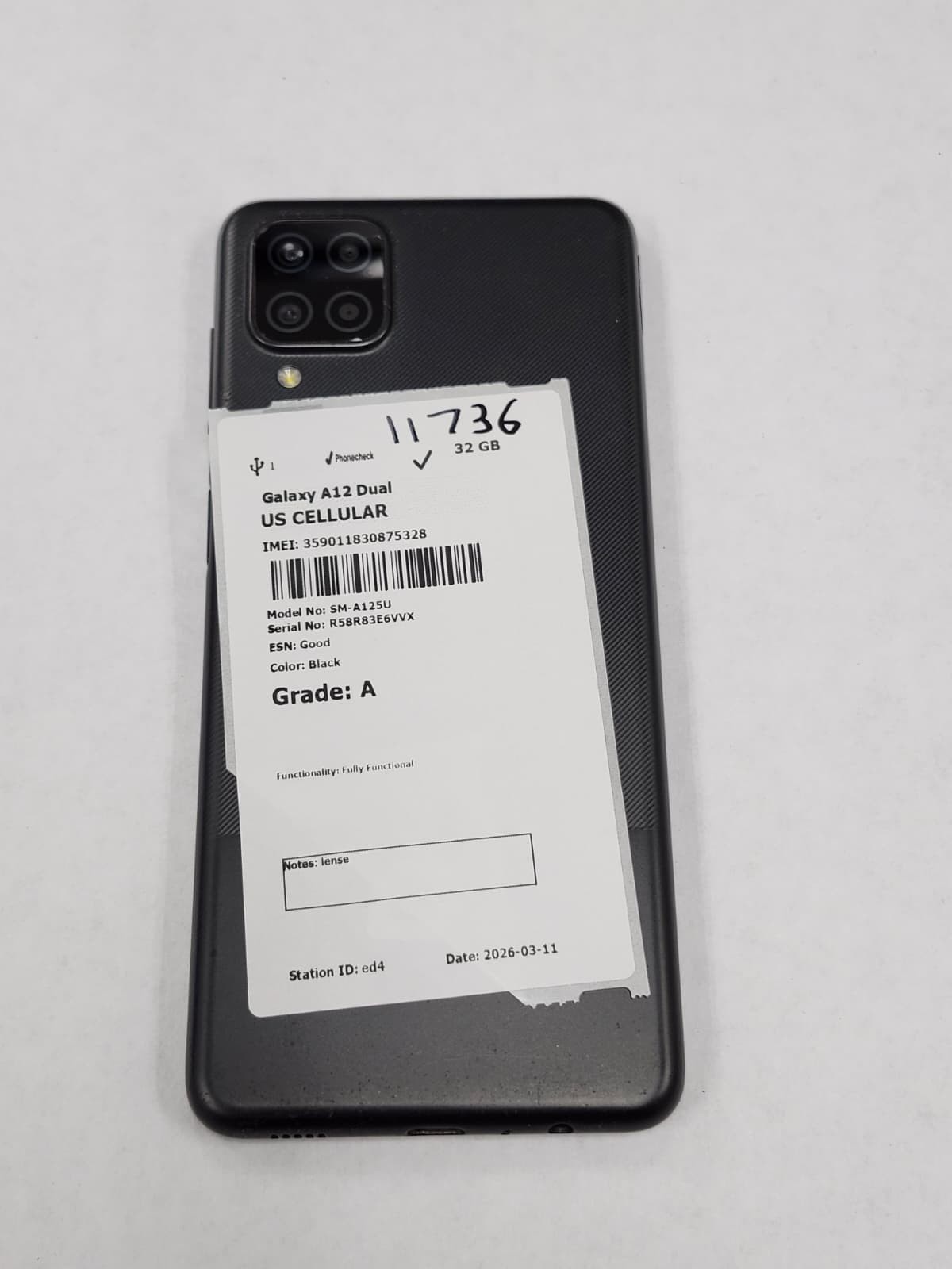 DEFECTIVE – Samsung Galaxy A12 – 32 GB – Black – US Cellular – 11736