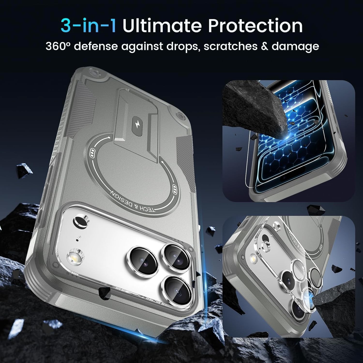 3 in 1 for iPhone 17 Pro Max Case, Invisible Kickstand, HD Screen Protector, Cam