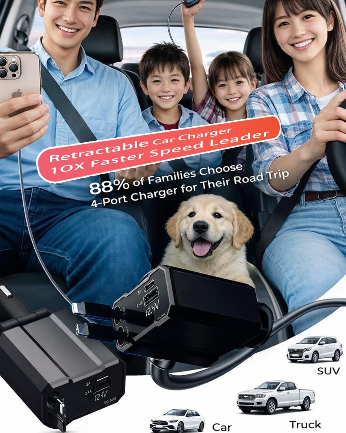 4 in 1 Fast USB-C Car Charger for iPhone 16 15 14 13 12, Samsung