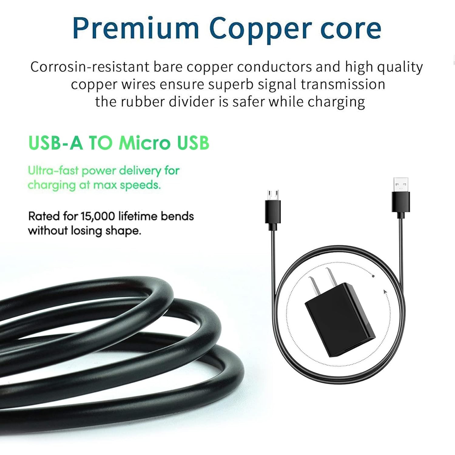 10FT Micro USB to USB A Fast Charging Adapter for Ring Indoor Cam, Doorbell 2/3/