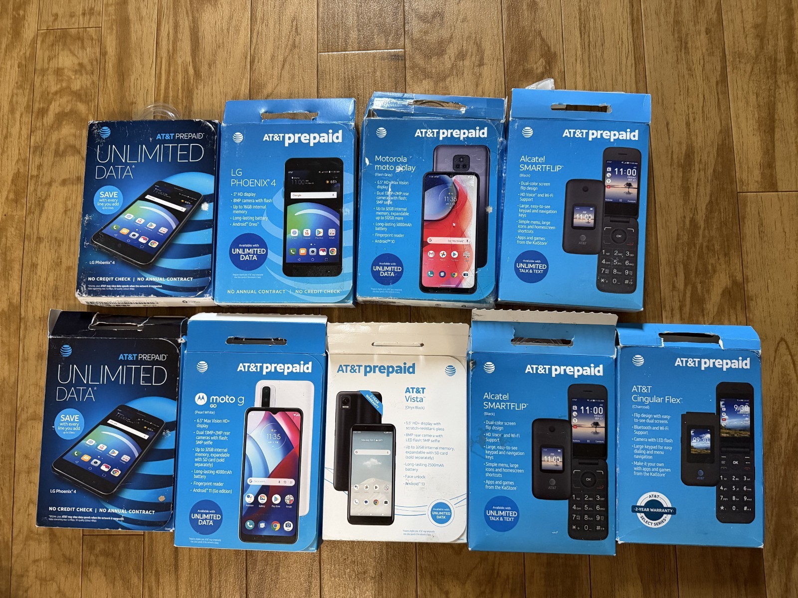 Lot of 9 AT&T Prepaid Phones Moto G LG Phoenix4 Smart Flip etc 16GB locked