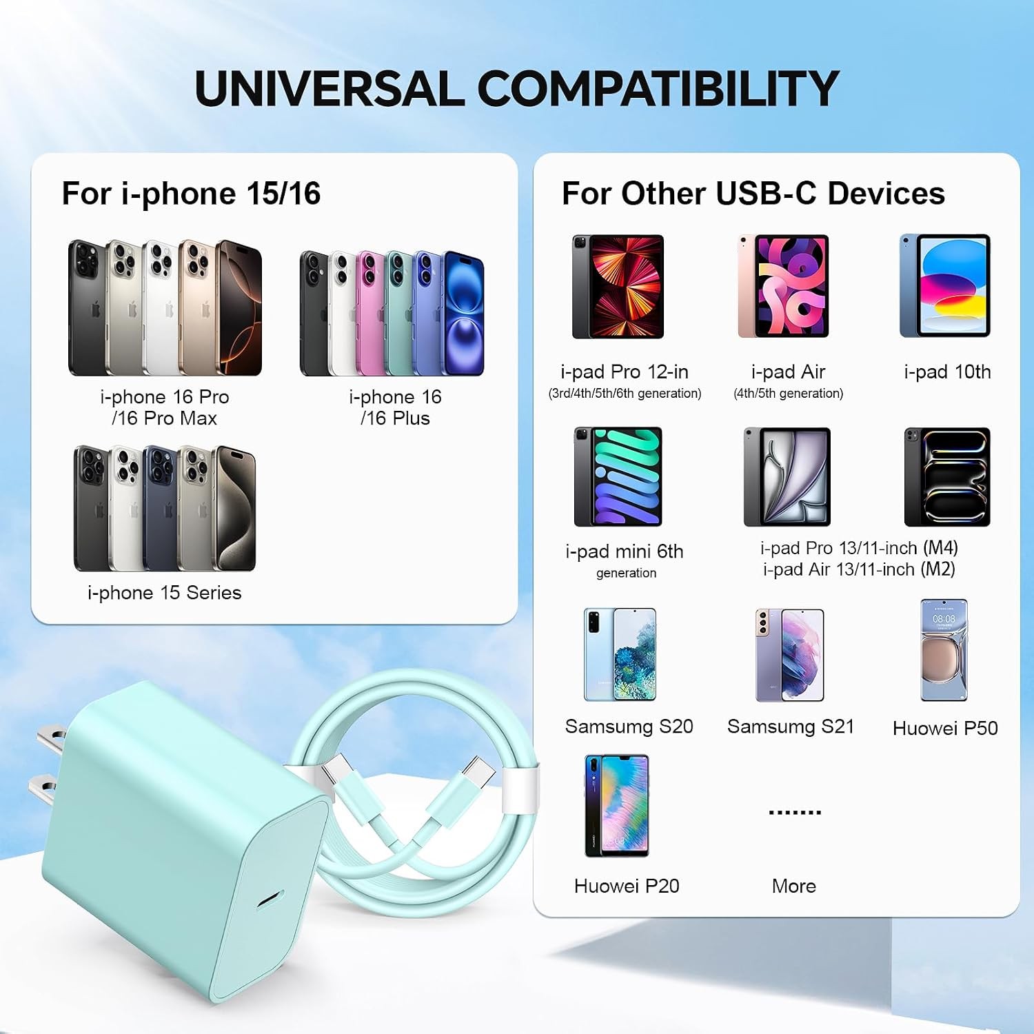 2 Pack 20W USB-C Fast Charging Wall Charger for Phone 15 16 17 6Ft Cable