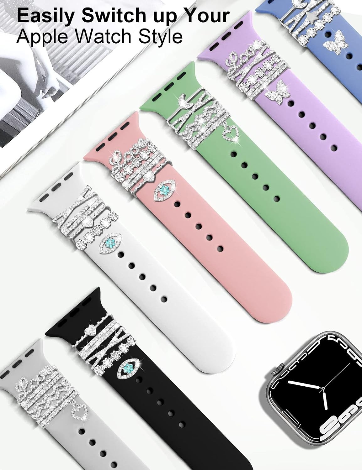 11-Pcs Super Bling Watch Charms with 9-Pcs Decorative Rings Loops for Apple Watc