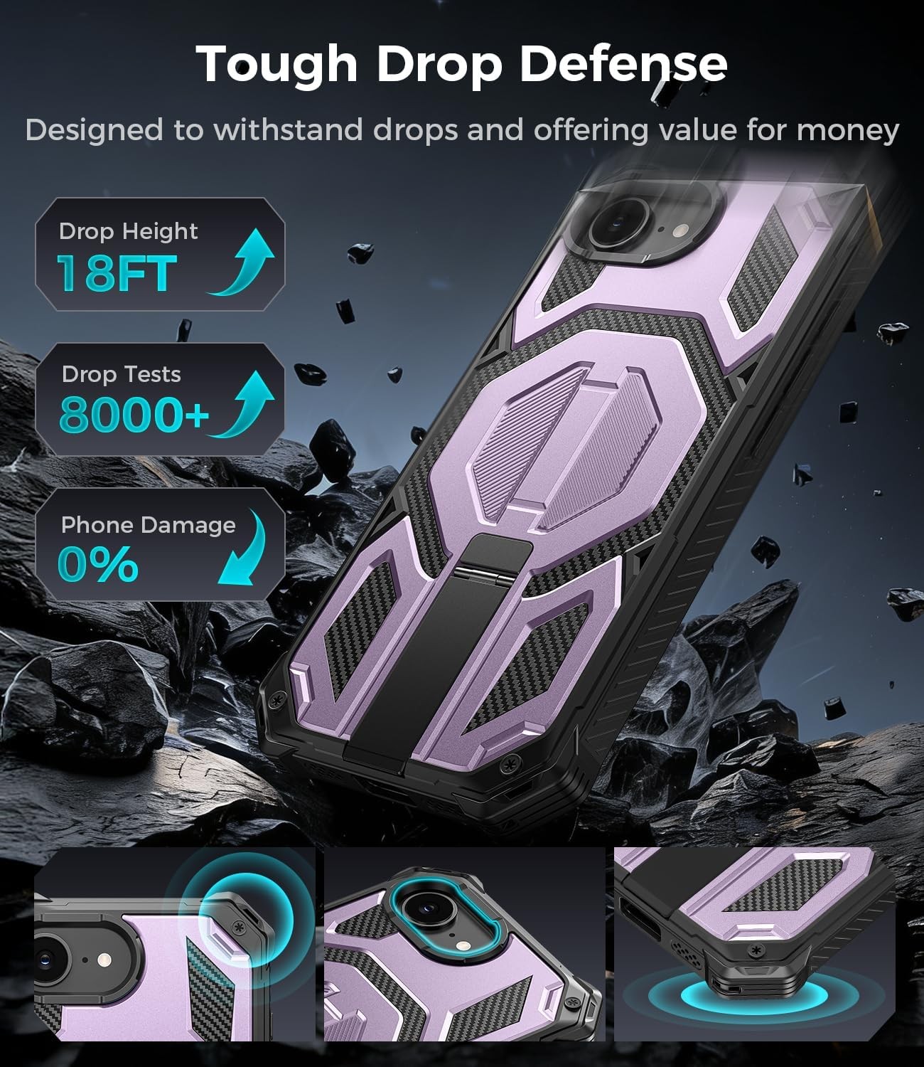 3PCS Magnetic Case & Screen Protector for iPhone 17E/16E Military Grade Purple
