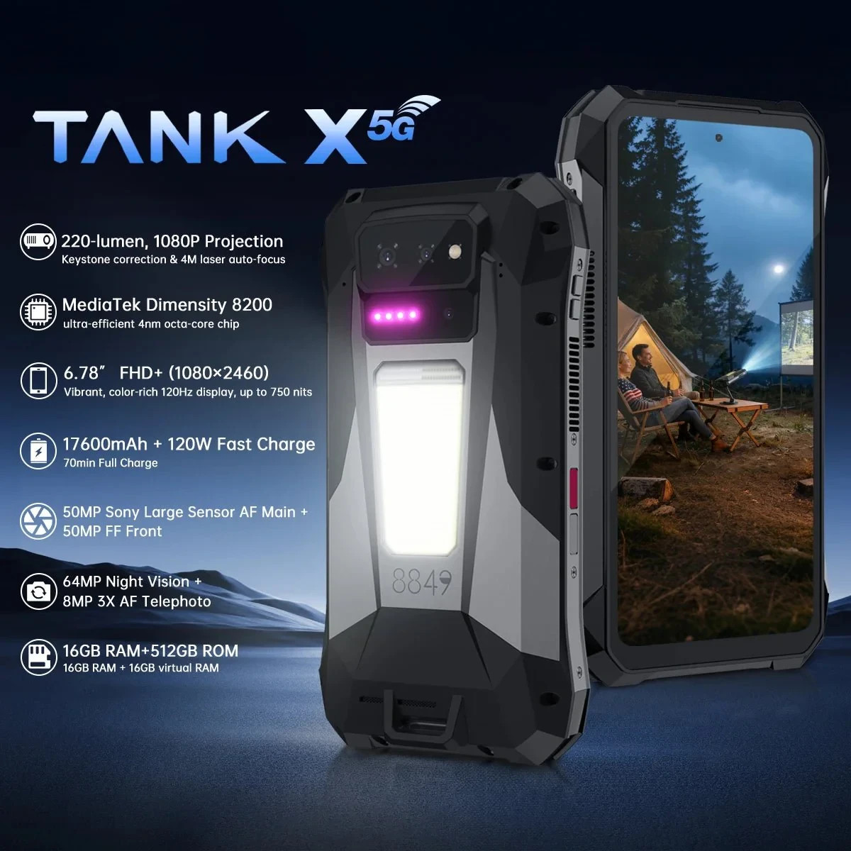 Unihertz 8849 Tank X 6.78″(16+16)/512GB Global Version 1080P Projector By FedEx