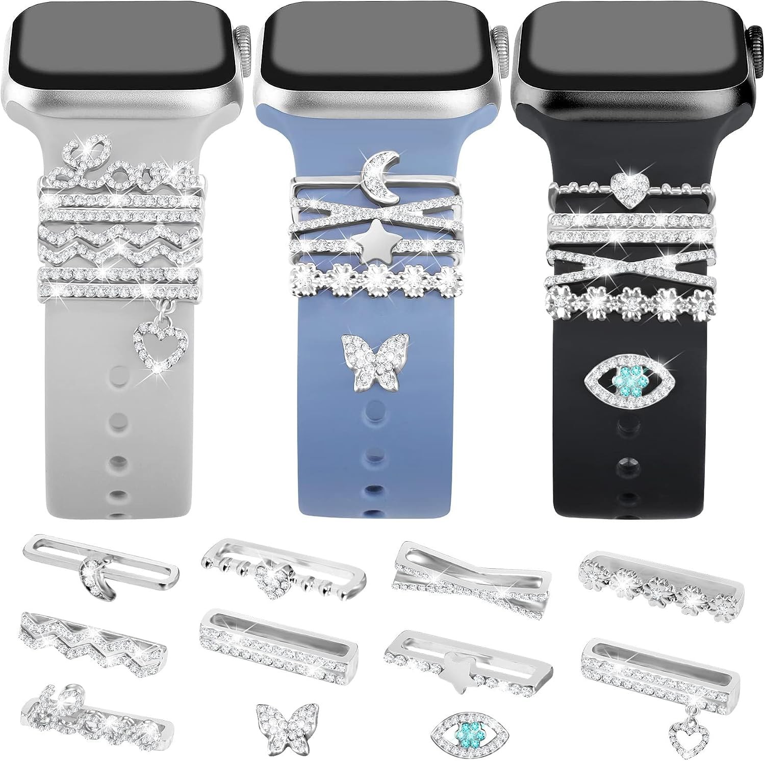 11-Pcs Super Bling Watch Charms with 9-Pcs Decorative Rings Loops for Apple Watc