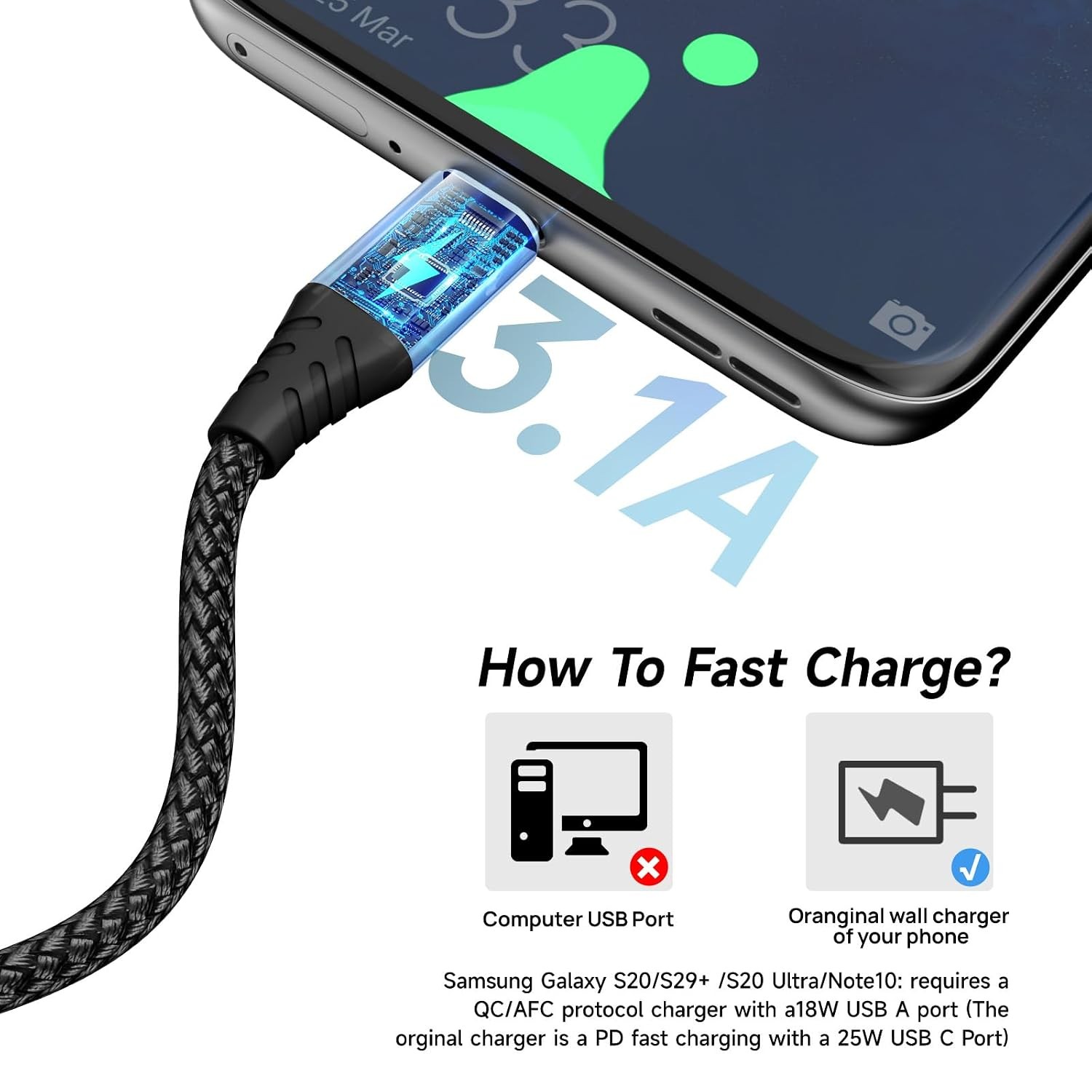 4-Pack 10ft USB 3A Fast Charge Type-C Cable for Samsung Galaxy S10, A50