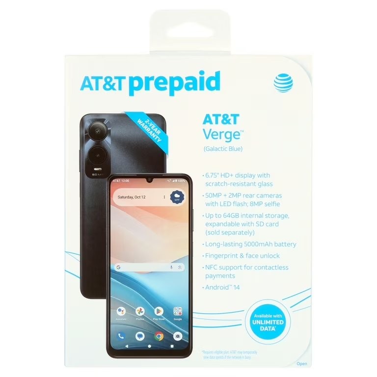 AT&T Verge 64GB Locked Smartphone, Galactic Blue, 6.75″ Display, Android 14