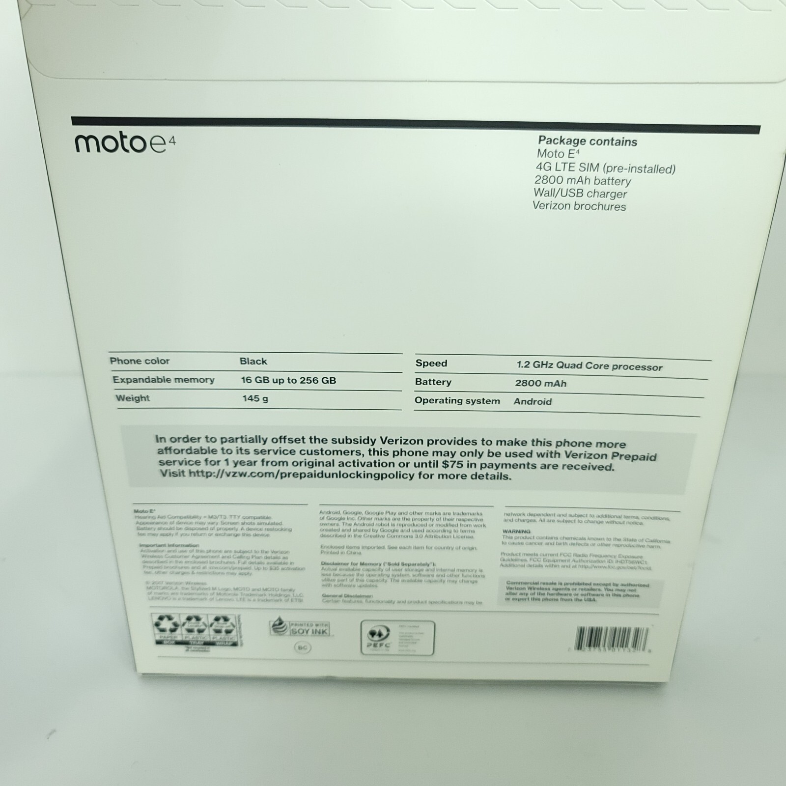 Motorola Moto E4 Go – 16GB – Black Verizon Single Sim 4G LTE No Contract NEW