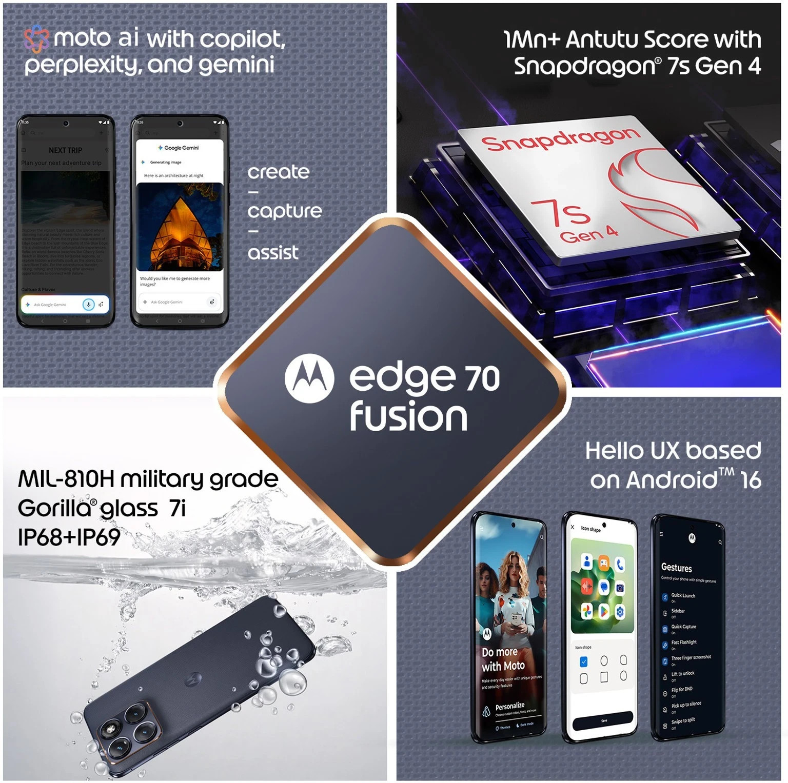 MOTOROLA Edge 70 Fusion (Blue Surf, 8+128GB) Snapdragon® 7s Gen 4 SmartPhone.