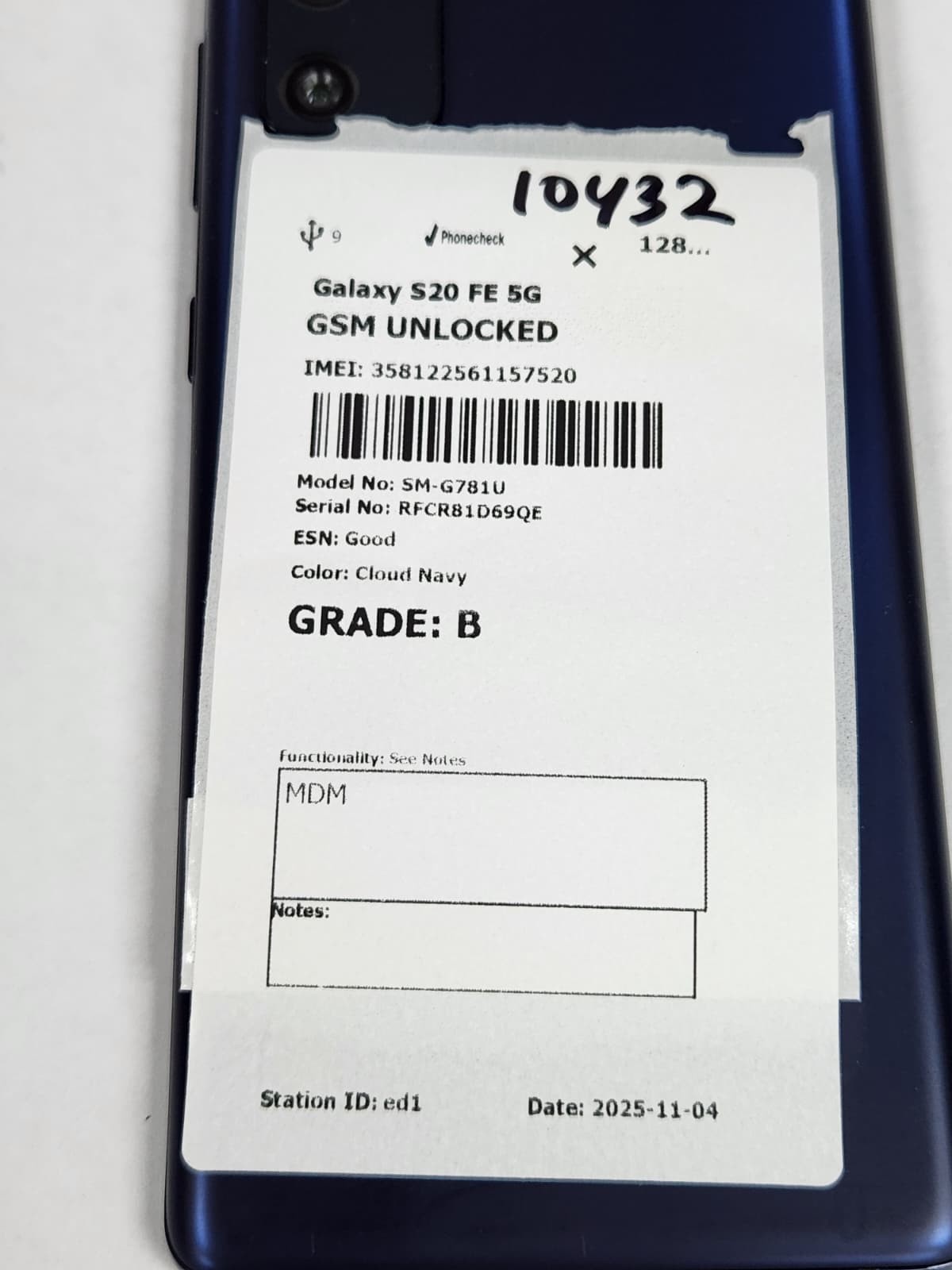 DEFECTIVE – Samsung Galaxy S20 FE 5G – 128GB – Cloud Navy – GSM Unlocked – 10432
