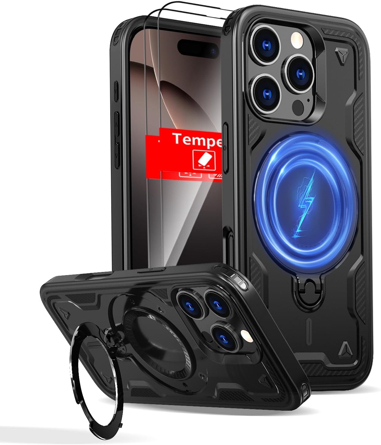 iPhone 16 Pro Max Case Magnetic Support Wireless Charger, Built-in Stand Ring, B